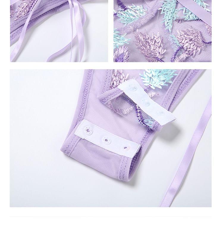 Flower Embroidered Lace-Up Mesh Panel Bodysuit Top Product Image