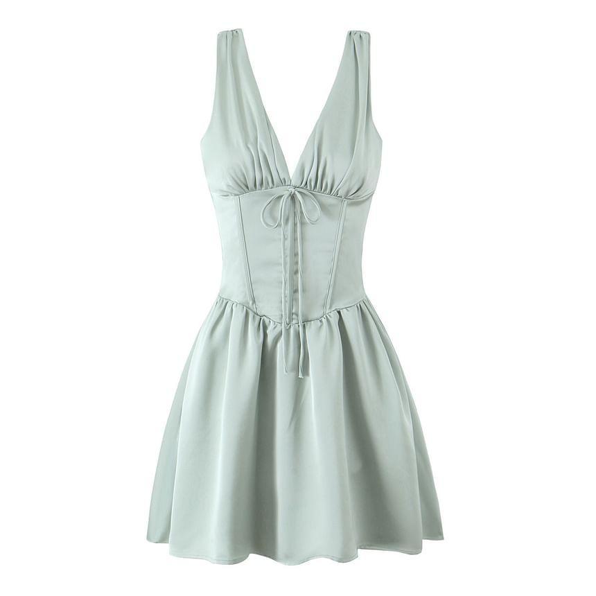 Sleeveless V-Neck Plain Shirred Bow Mini A-Line Dress product image