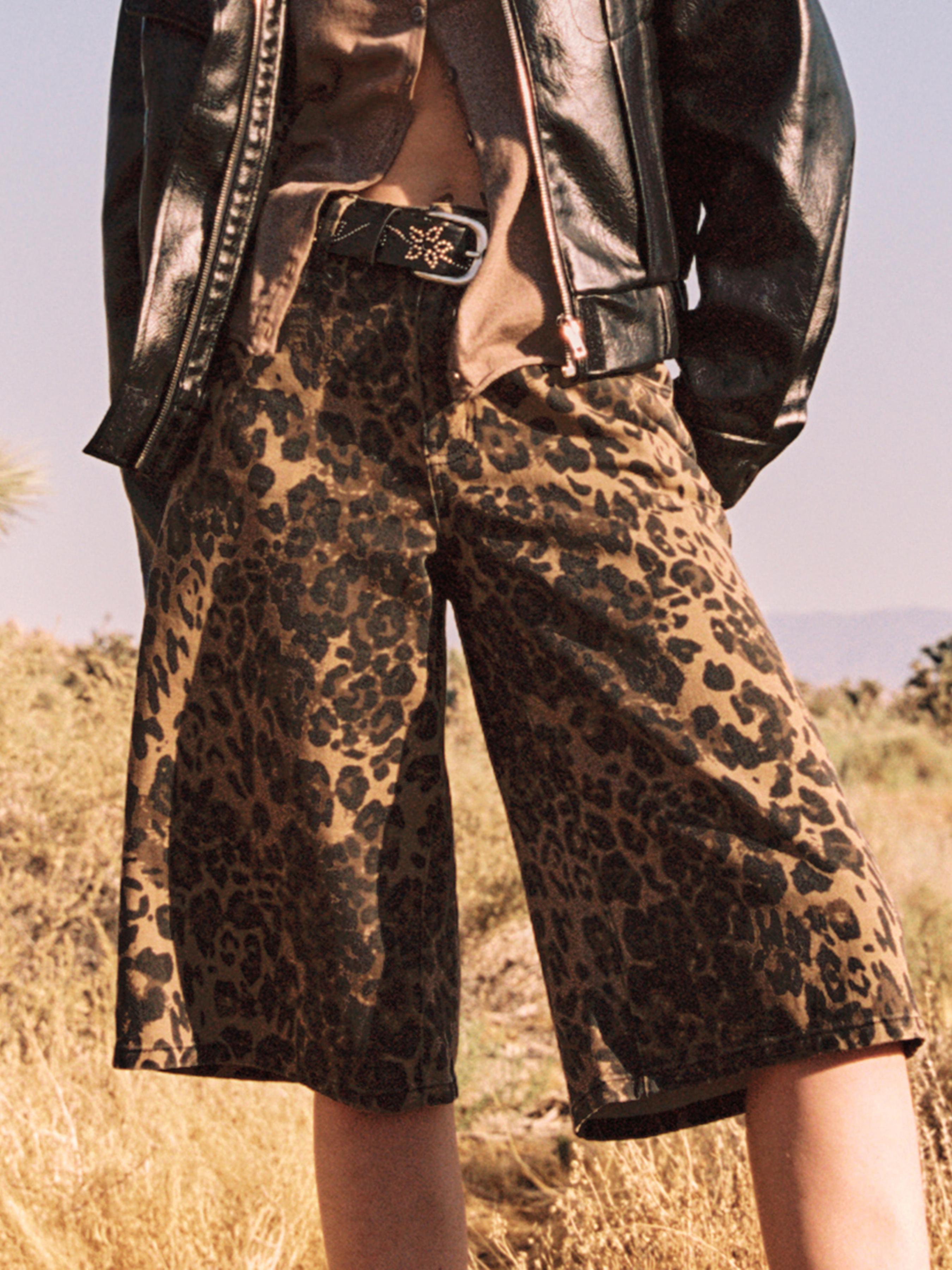 Denim Low Rise Leopard Wide Leg Bermuda Shorts Product Image