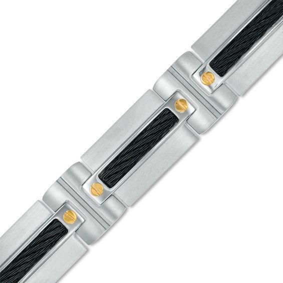 Men's Cable Stripe Link Bracelet in Stainless Steel and Two-Tone IP - 8.75" Product Image