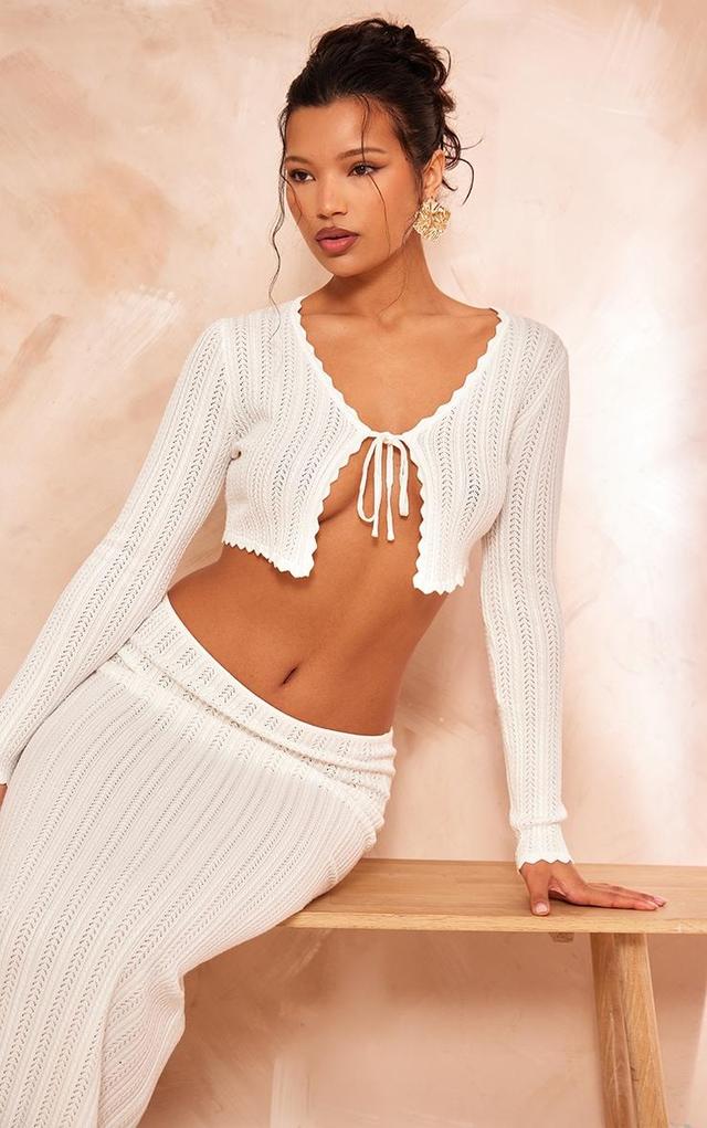 Cream Textured Crochet Knit Tie Front Top Product Image