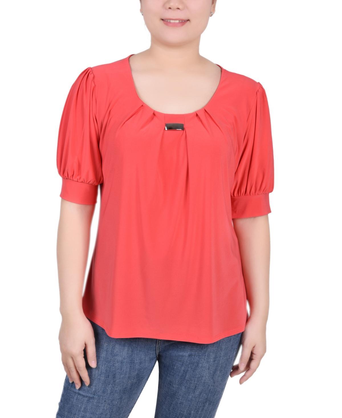 NY Collection Petite Puff Sleeve Pleated Front Blouse -BLUE Product Image