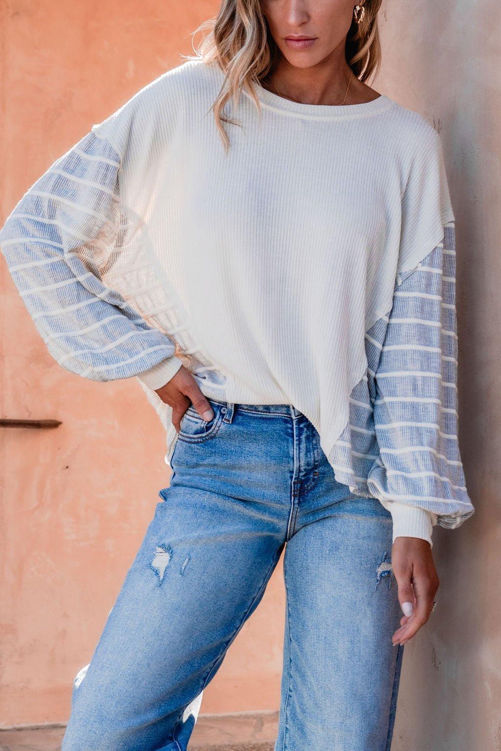 Grey and Cream Contrast Striped Sweater - FINAL SALE Product Image