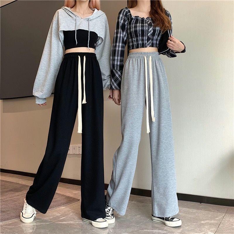 Drawstring Waist Plain Wide Leg Pants Product Image