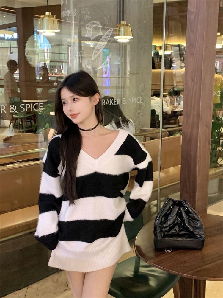 V-Neck Striped Cardigan Product Image