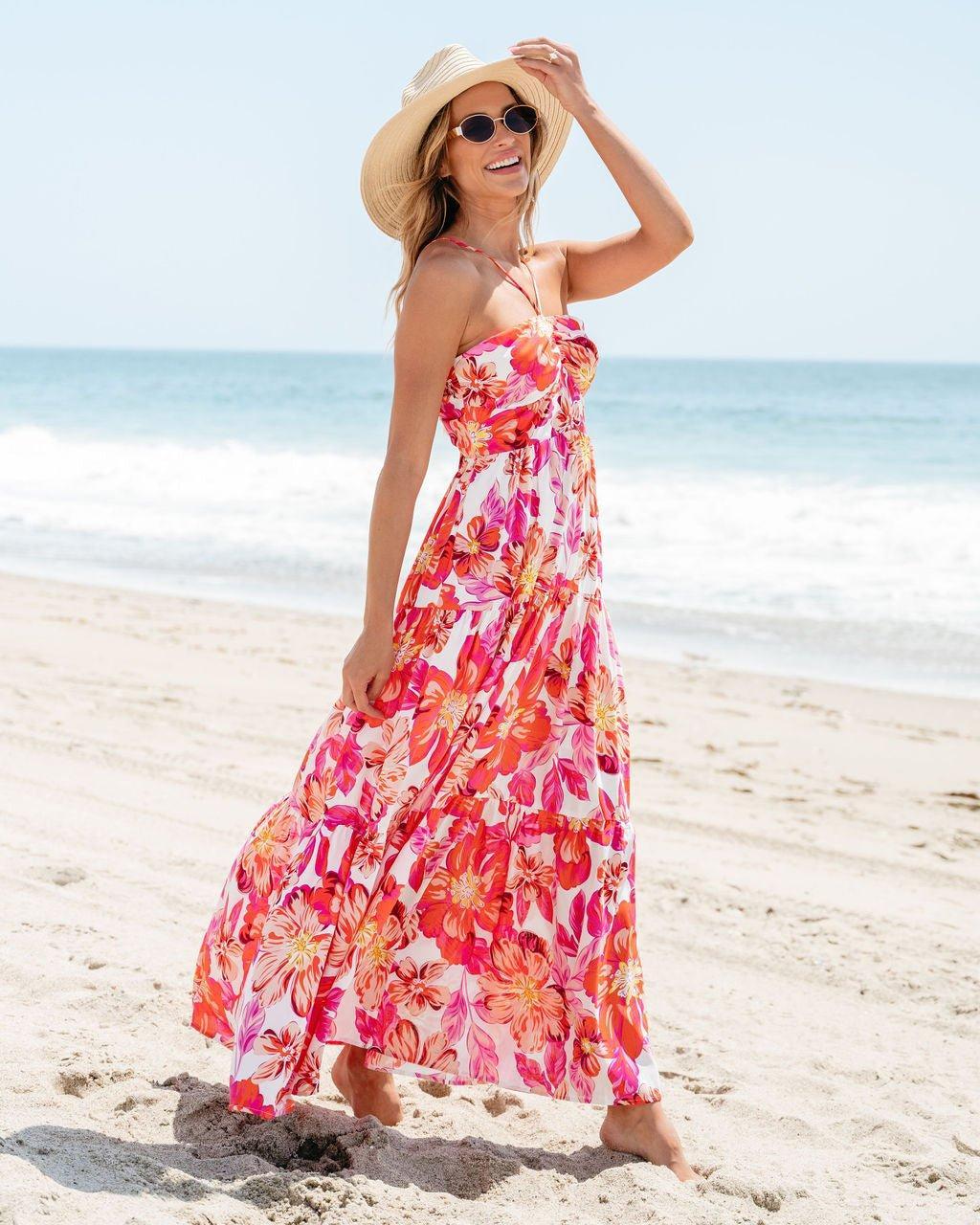 Orange Floral Print Halter Maxi Dress - FINAL SALE Product Image