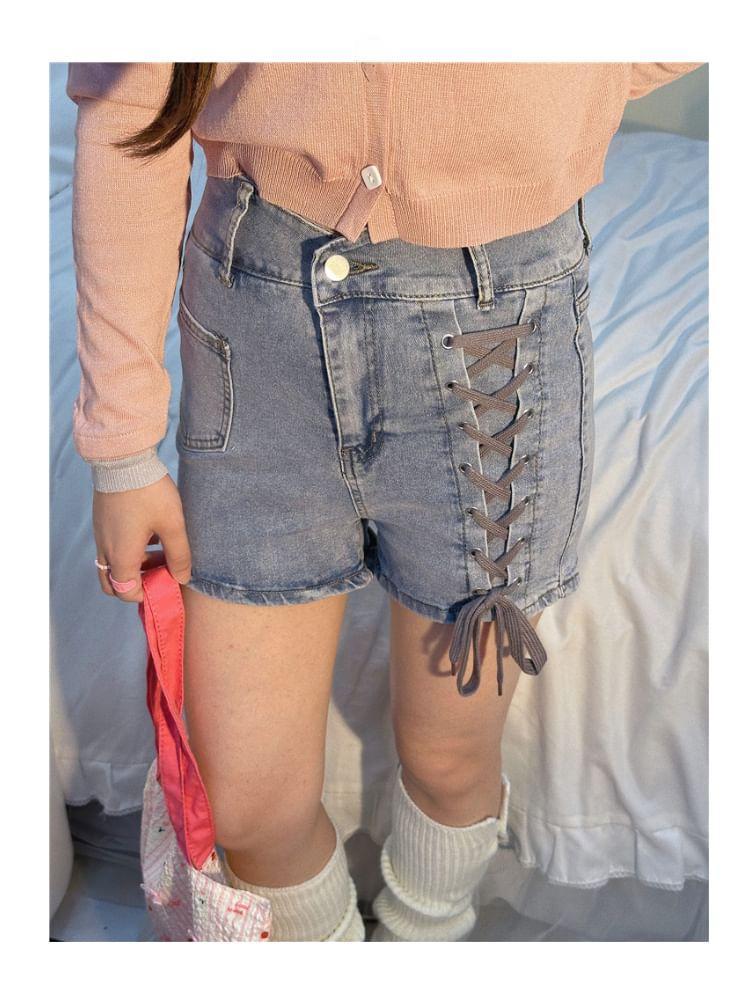 High Waist Lace-Up Washed Denim Shorts Product Image