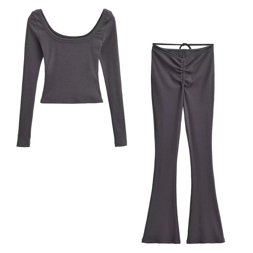 Set: Long Sleeve Scoop Neck Plain T-Shirt + Mid Waist Plain Drawstring Flared Pants Product Image