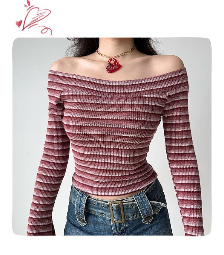 Long-Sleeve Off-Shoulder Striped Slim Fit Crop Knit Top Product Image