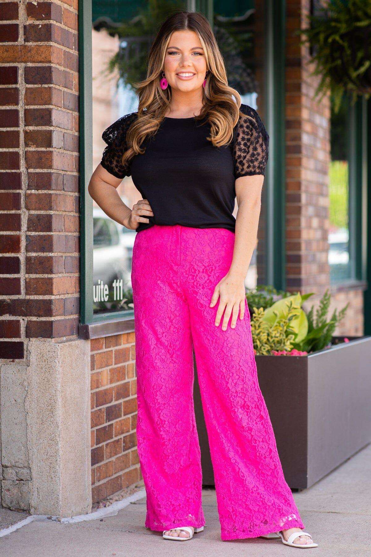 Hot Pink Lace Wide Leg Pants Product Image