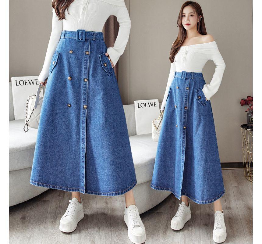 High Rise Plain Denim Midi A-Line Skirt Product Image