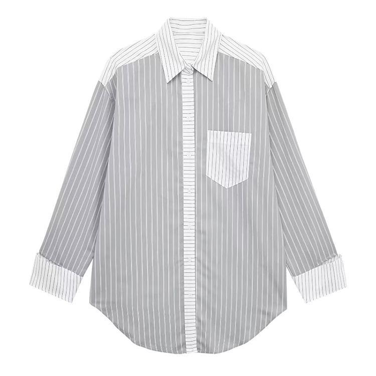 Long-Sleeve Striped Panel Button-Up Shirt Product Image