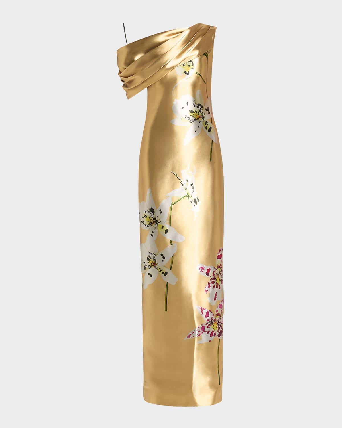 OSCAR DE LA RENTA Sleeveless Draped Metal Orchids Column Gown In Gold Multi Product Image