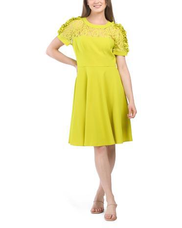 3d Floral Applique Fit And Flare Dress With Lace Trim for Women Product Image