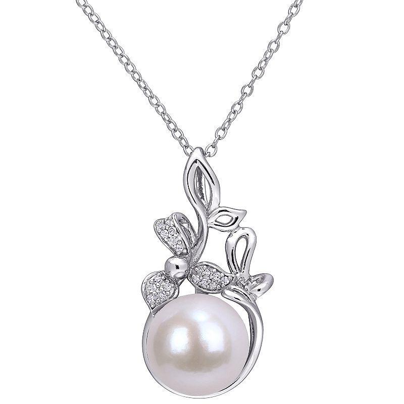 Stella Grace Sterling Silver Freshwater Cultured Pearl & Diamond Accent Floral Pendant Necklace, Womens White Product Image