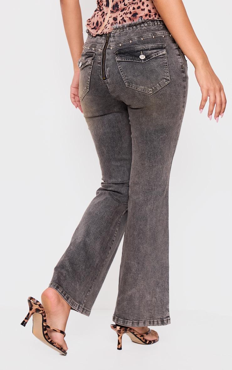 Petite Washed Black Stud Detail Denim Flared Jeans Product Image