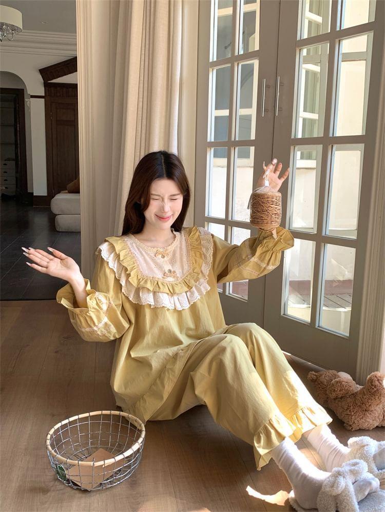 Pajama Set: Long-Sleeve Eyelet Lace Panel Ruffled Shirt + Pants Product Image