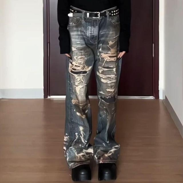 Low Rise Patterned Ripped Wide Leg Jeans Product Image