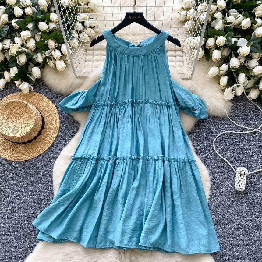 Puff-Sleeve Cold-Shoulder Plain Ruffle Sundress Product Image