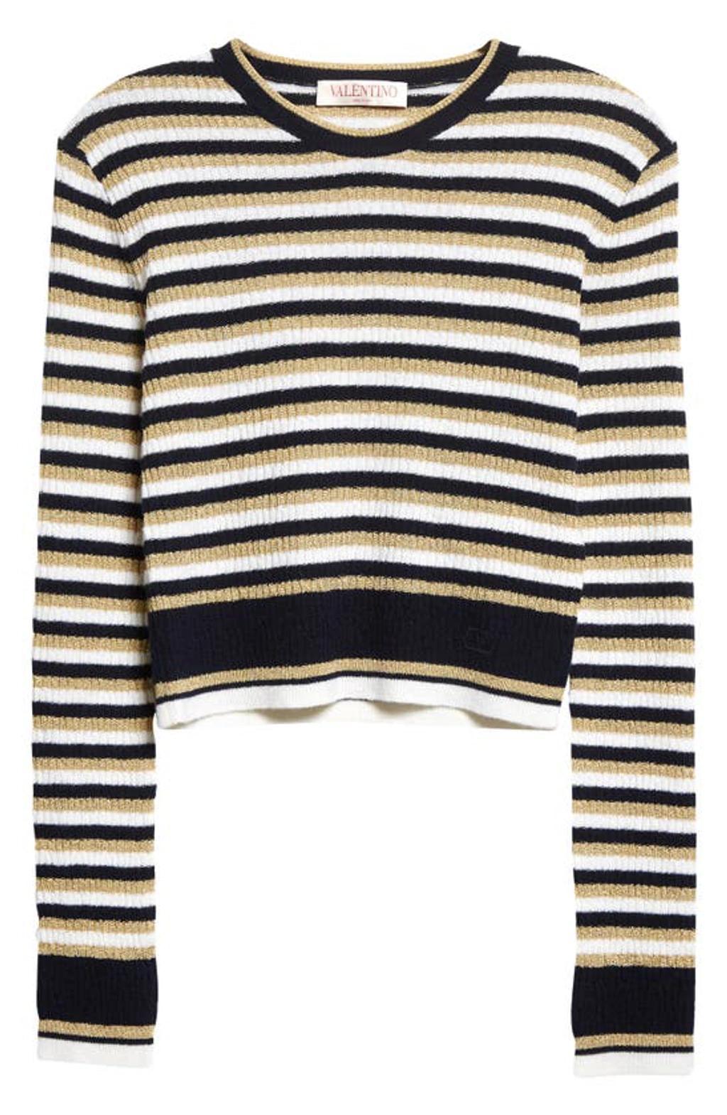 VALENTINO Wool-blend Striped Knit Top In Ivory/navy Product Image