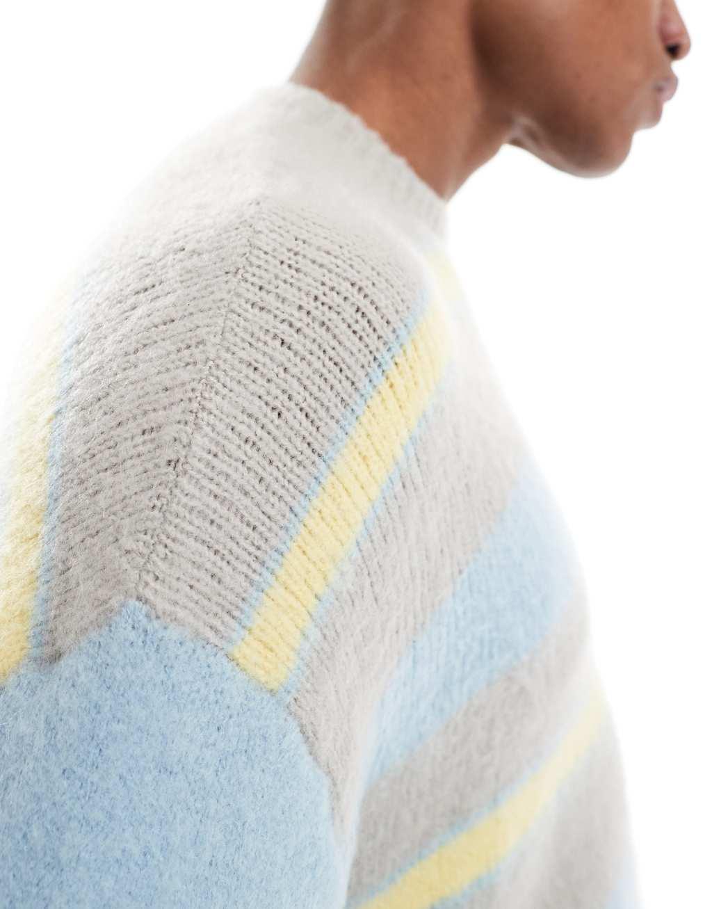 Pull&Bear fluffy stripe knitted sweater in gray Product Image