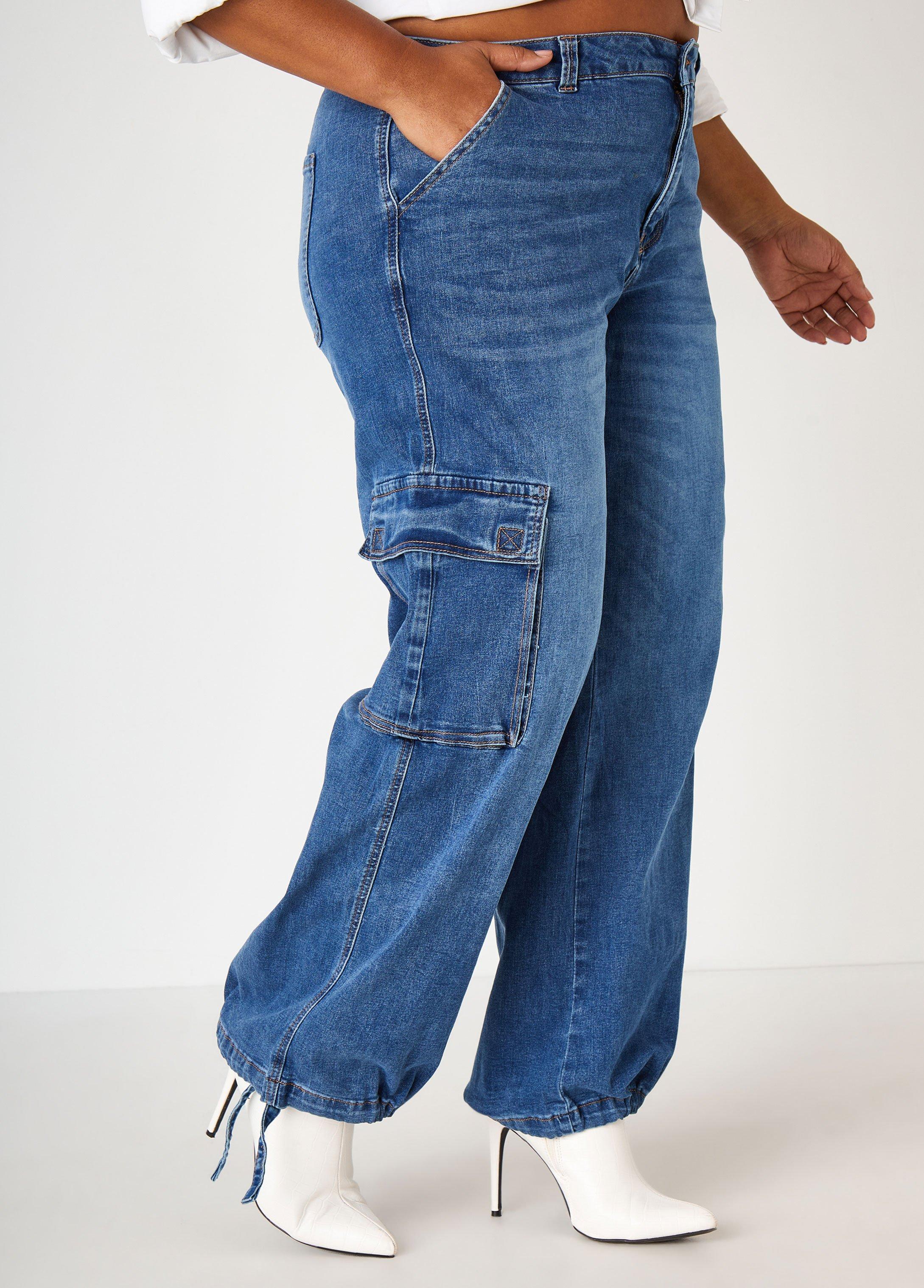 High Rise Drawstring Cargo Jeans Product Image