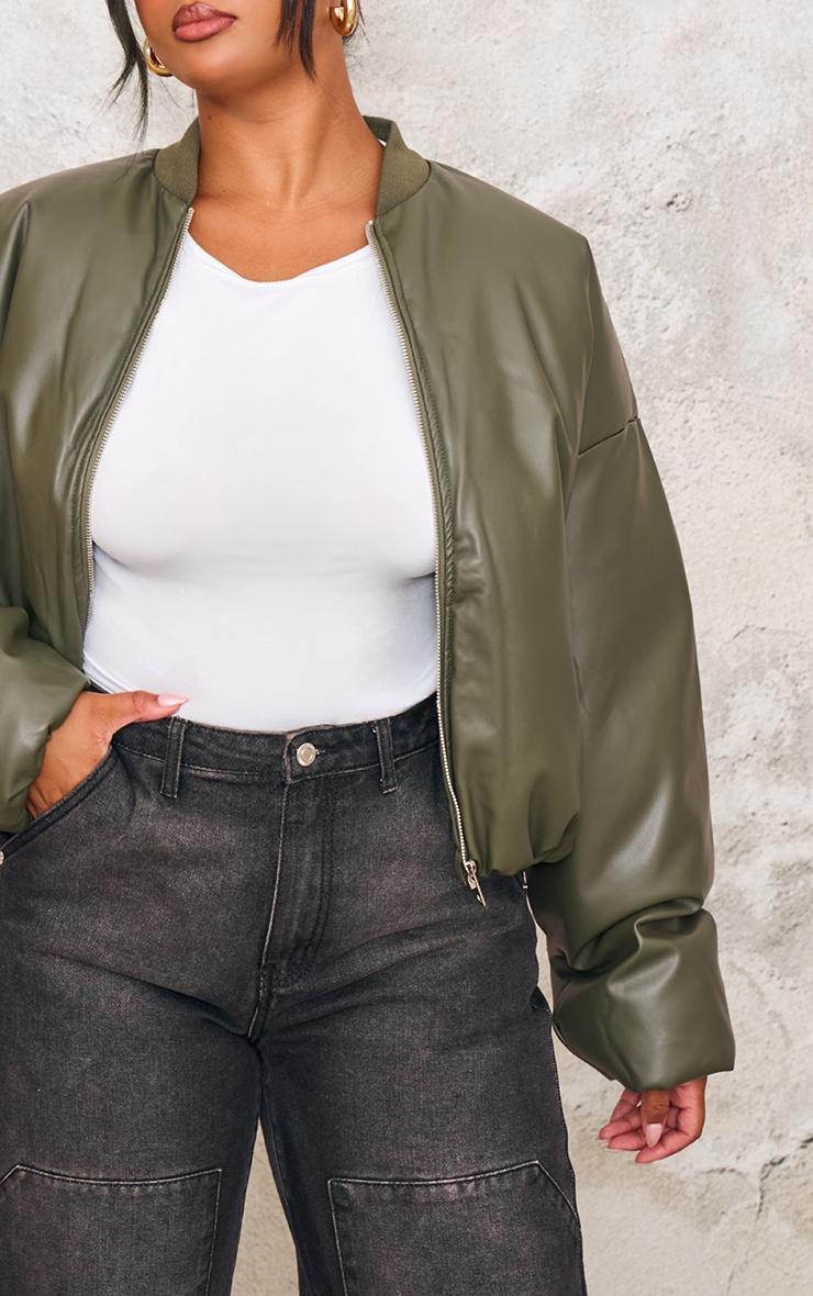 Plus Khaki Faux Leather Oversized Bomber Jacket Product Image