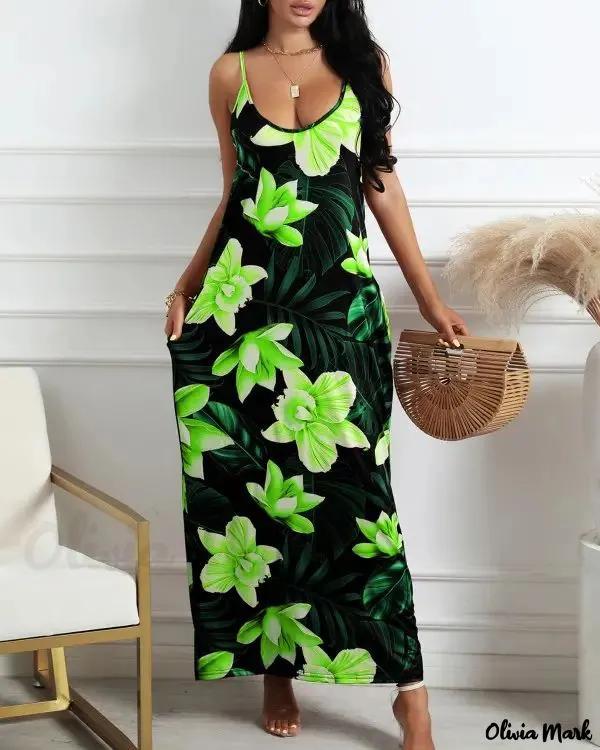 Olivia Mark – Long dress with spaghetti straps and floral leaf print Product Image