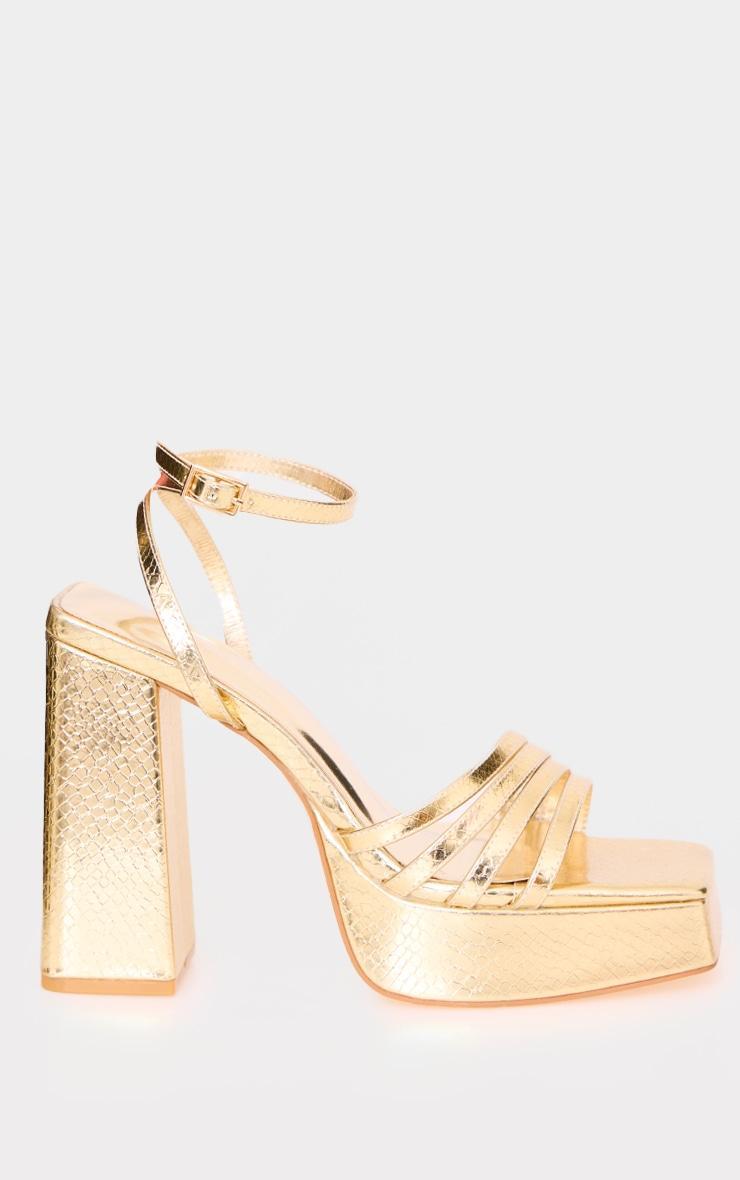 Gold PU Square Toe Strappy Block Platform Heels Product Image