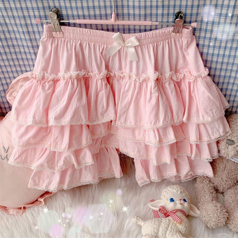 Elastic Waist Plain Bow Accent Lace Trim Tiered Ruffle Mini A-Line Skort Product Image