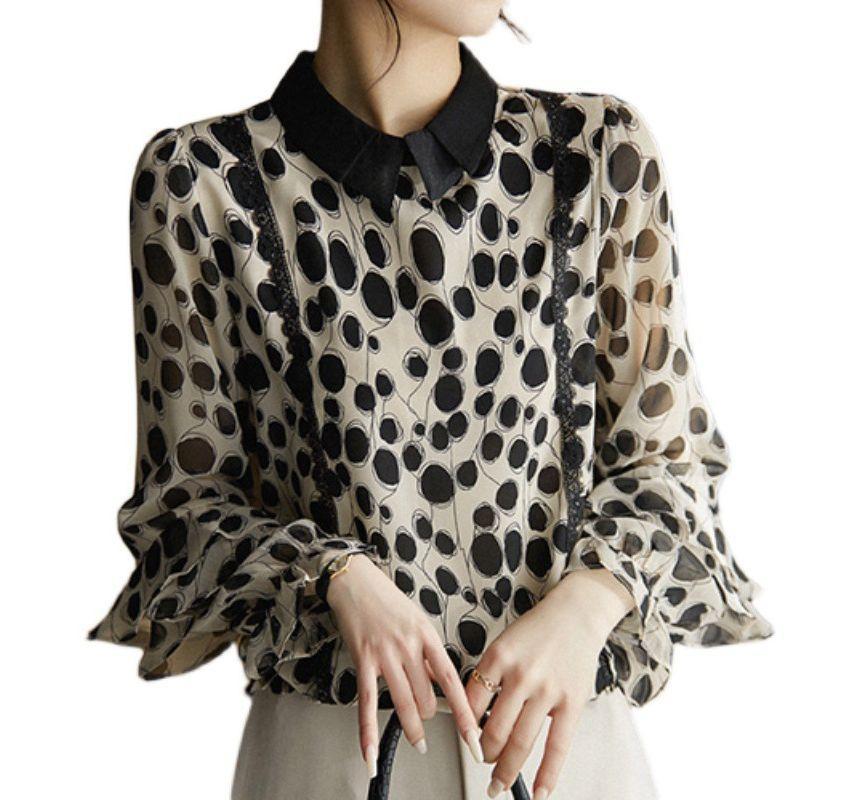 Long-Sleeve Dotted Collared Blouse Product Image