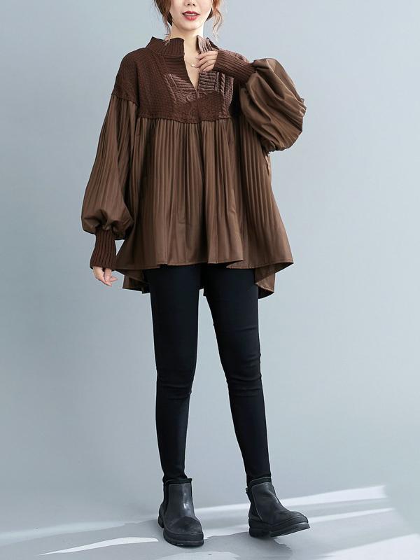 Stylish Knitting Split-Joint Puff Sleeve Shirt Pullover Top Product Image