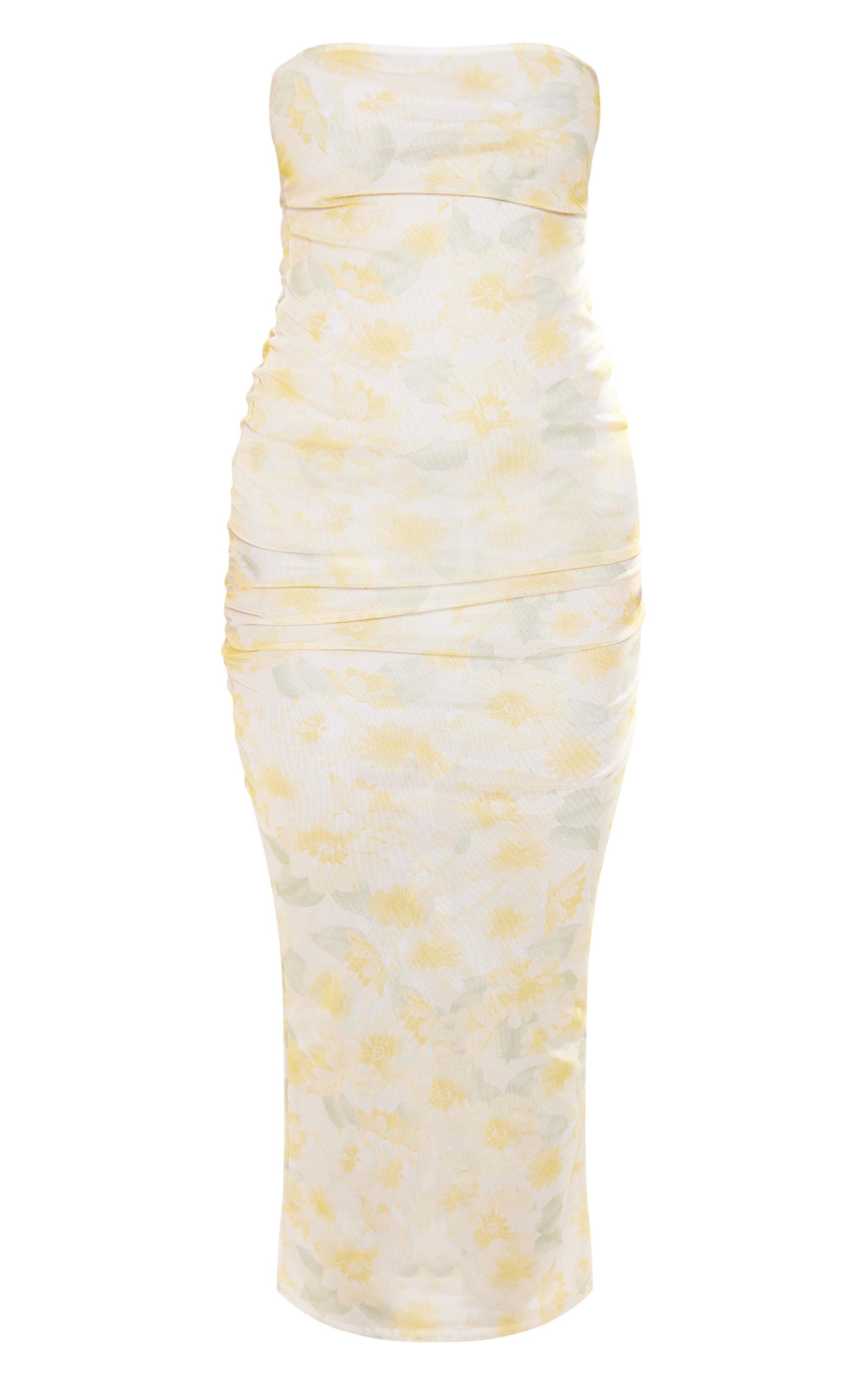 Lemon Floral Print Mesh Bandeau Midaxi Dress Product Image