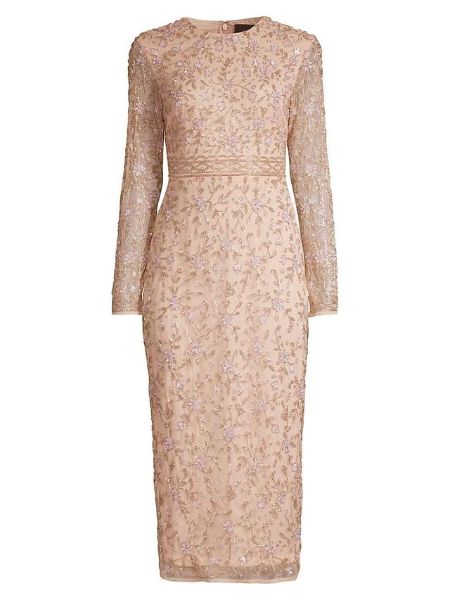 Womens Floral Beaded Long Sleeve Sheath Dress Product Image