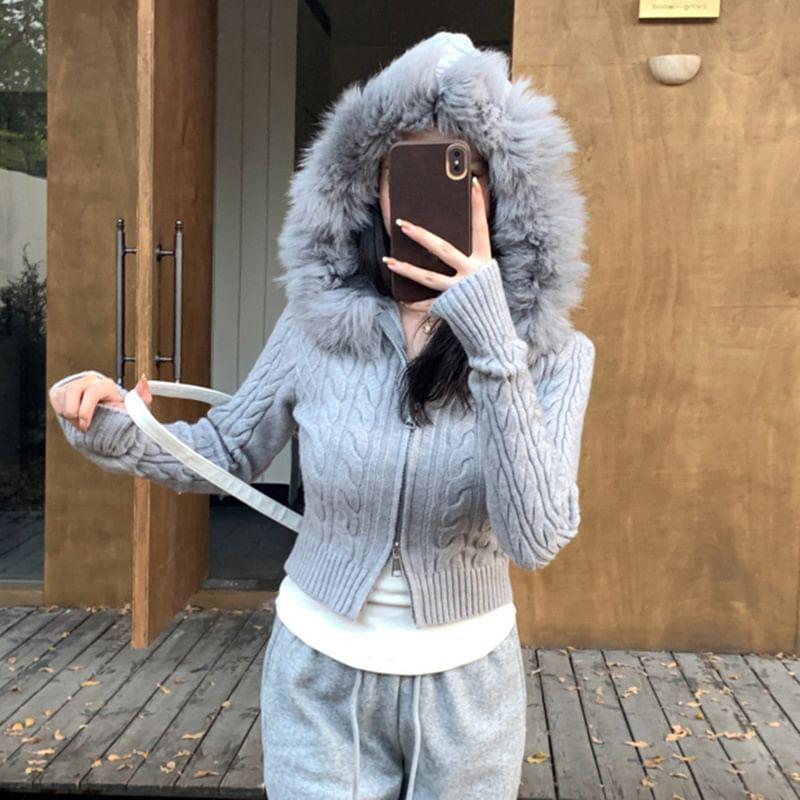 Long Sleeve Plain Cable-Knit Furry-Trim Hooded Slim-Fit Zip-Up Cardigan Product Image