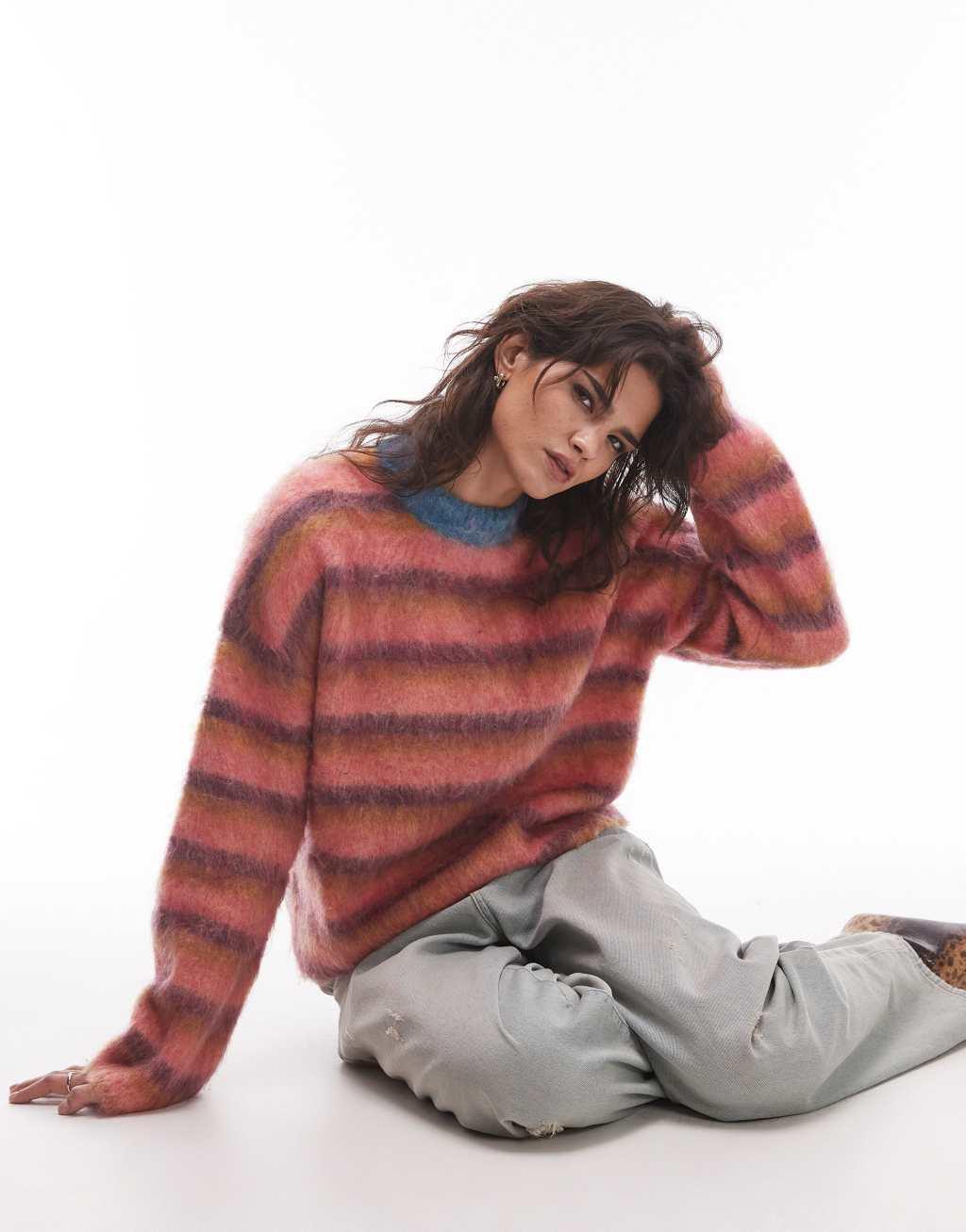 Topshop knitted ultra fluffy relaxed sweater in pink ochre and purple stripe Product Image