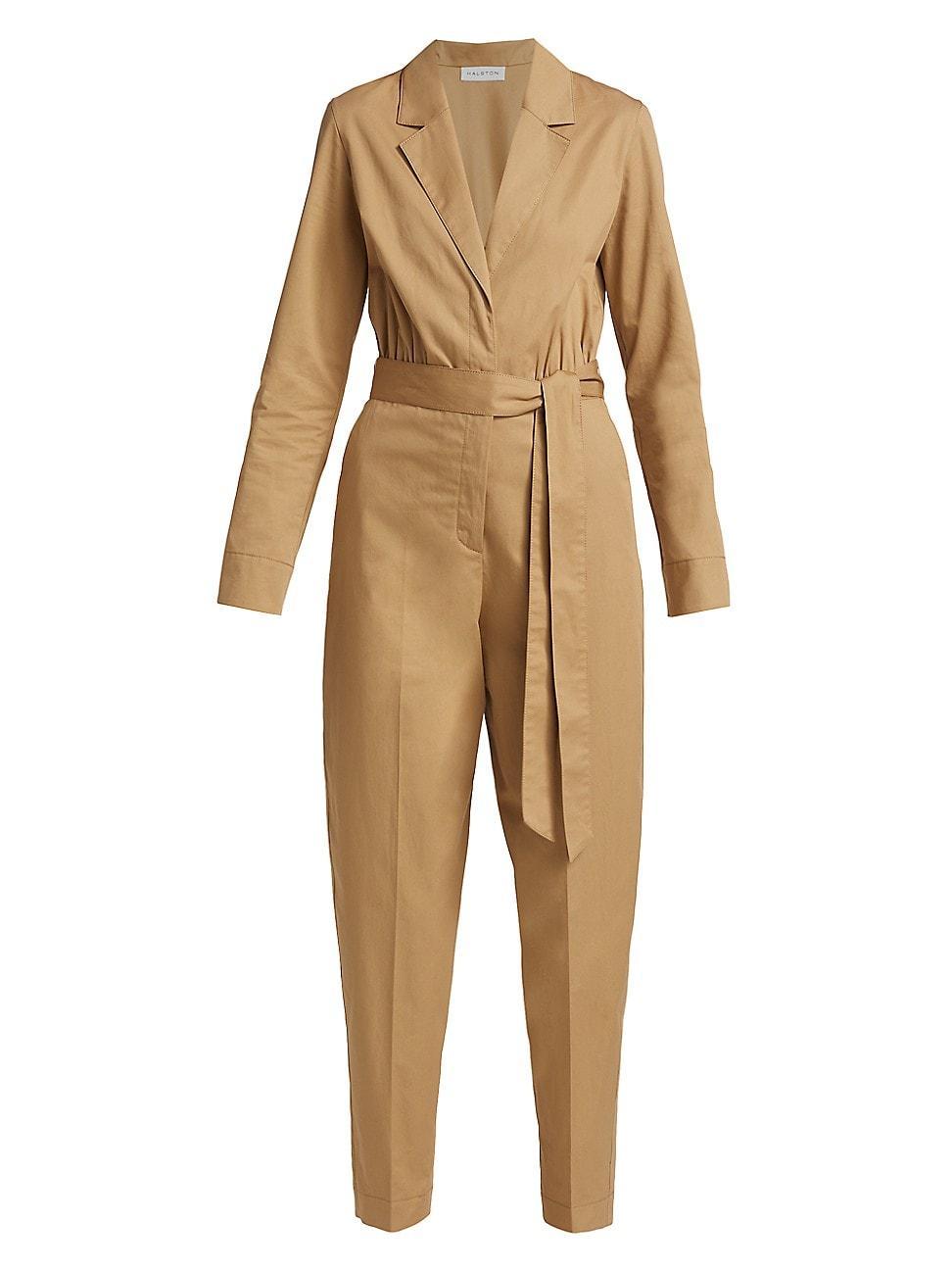 Halston Womens Blakely Cotton-Twill Belted Jumpsuit - Latte Product Image