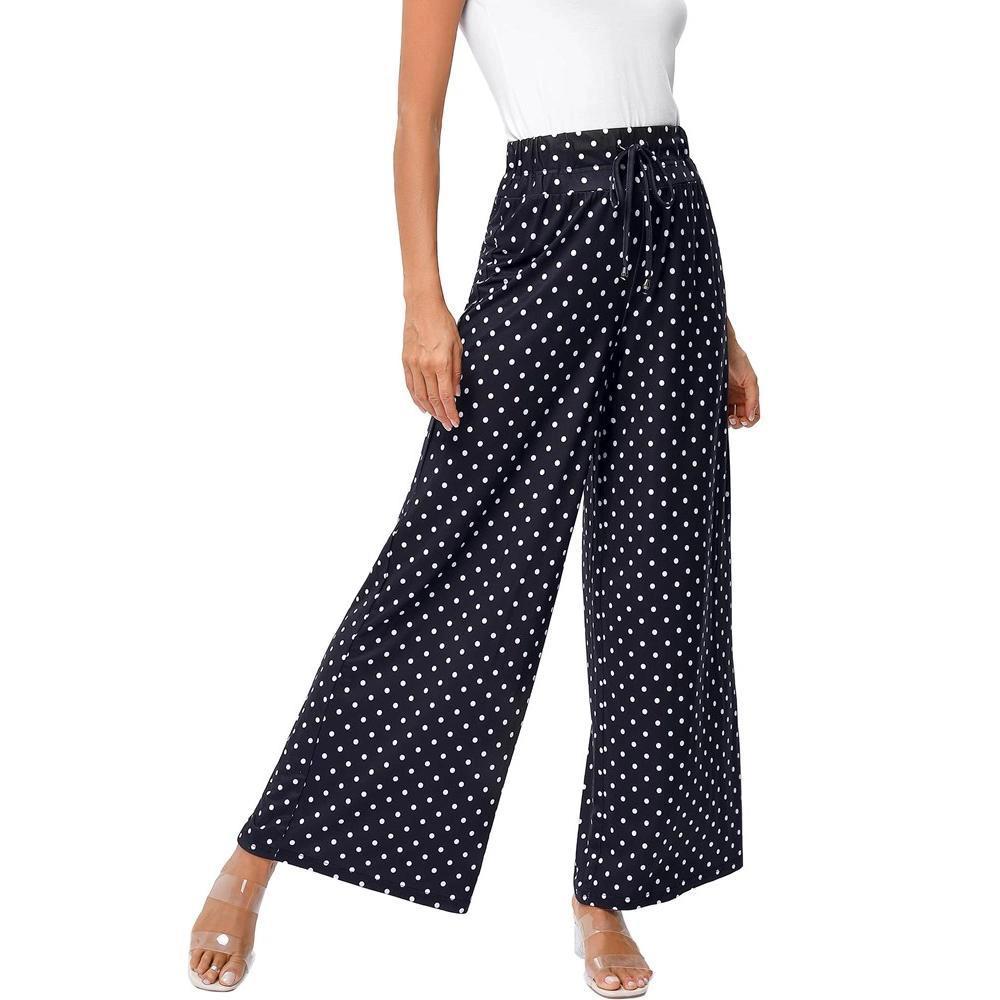 Whizmax Women's Wide Leg Pants Casual Palazzo Summer Flowy Pants Elastic High Waist Lounge Drawstring Long Trousers Polka Dots M Product Image