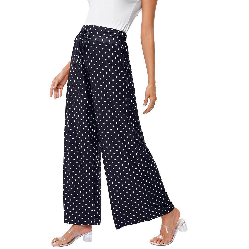 Whizmax Women's Wide Leg Pants Casual Palazzo Summer Flowy Pants Elastic High Waist Lounge Drawstring Long Trousers Polka Dots M Product Image