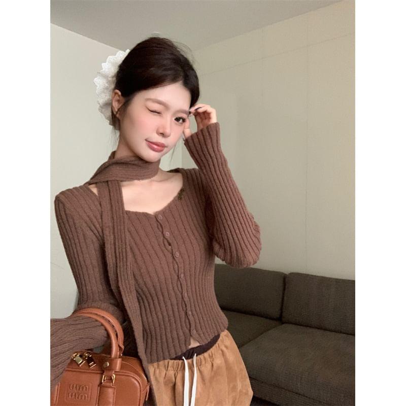 Square Neck Plain Ribbed Knit Cardigan Product Image