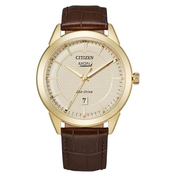 Citizen Mens Eco Day & Date Gold Dial Watch Brown Product Image