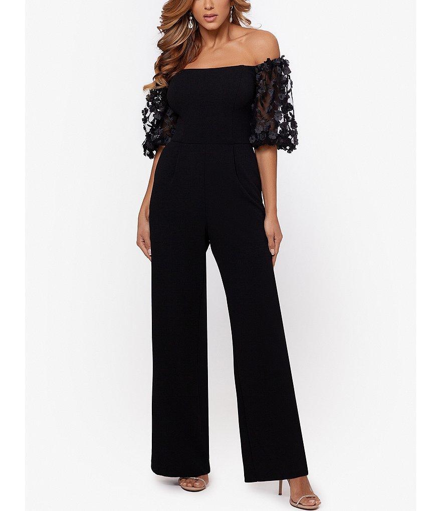 Xscape Stretch Off the Shoulder Short Puff Sleeve Jumpsuit Product Image