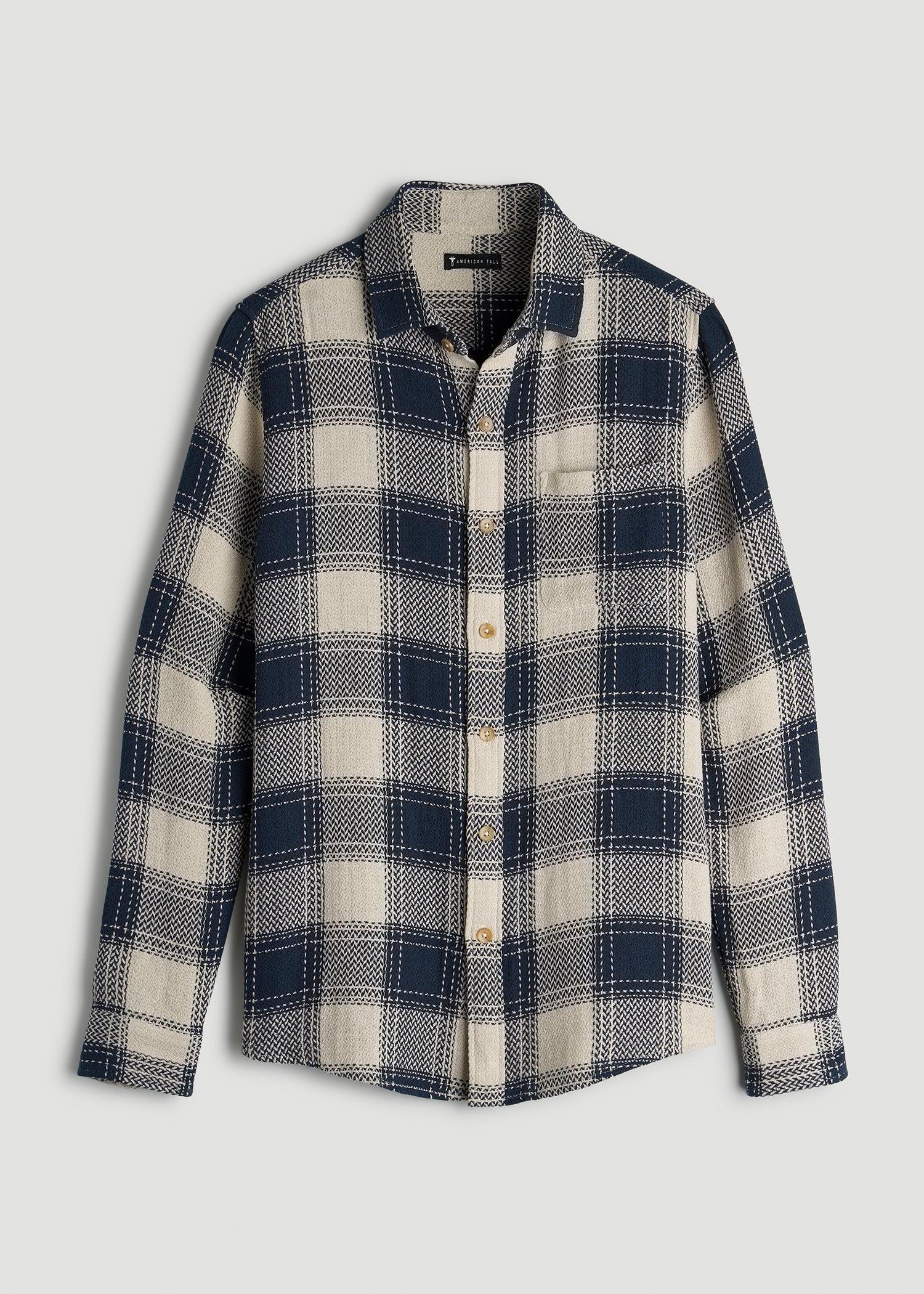 Lightweight Knit Overshirt for Tall Men in Navy and Beige Plaid Product Image