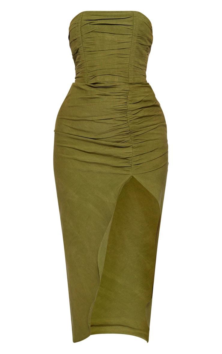 Khaki Linen Look Bandeau Pleated Ruched Midi Dress Product Image