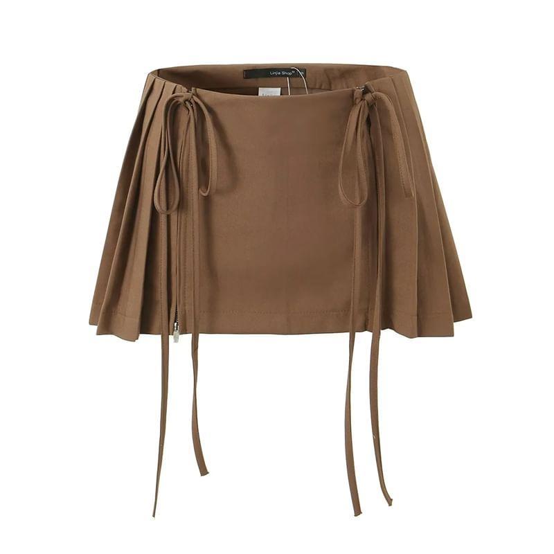 Low Waist Plain Pleated Drawstring Mini A-Line Skirt product image