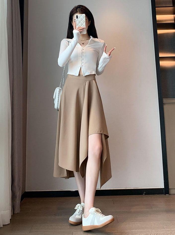 High Waist Plain Asymmetrical Midi A-Line Skirt Product Image