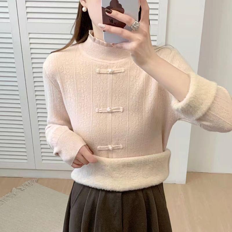 Mock Neck Plain Knot Button Sweater Product Image