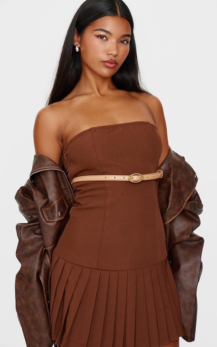 Chocolate Brown Belted Pleated Skirt Bodycon Dress Product Image