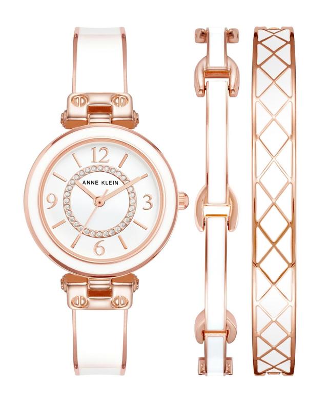 Anne Klein Womens Rose Gold-Tone Alloy Bangle Enamel and Crystal Accents Fashion Watch 33mm Set 3 Pieces - Rose Gold-Tone, White Product Image