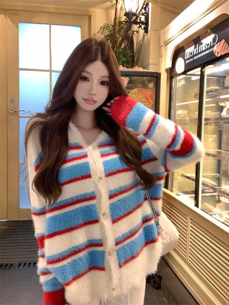 Color Block Hooded Button-Up Cardigan Product Image